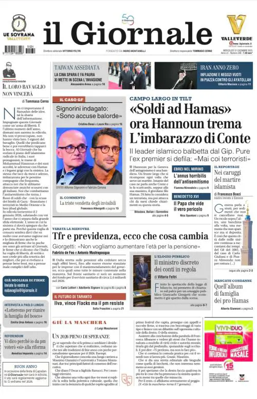 La prima pagina del Giornale: il reportage nella Genova di Hannoun, la manovra di Bilancio e il caso Signorini