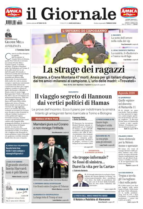 La prima pagina del Giornale: la strage dei ragazzi in Svizzera i segreti di Hannoun e l’intervista a La Russa