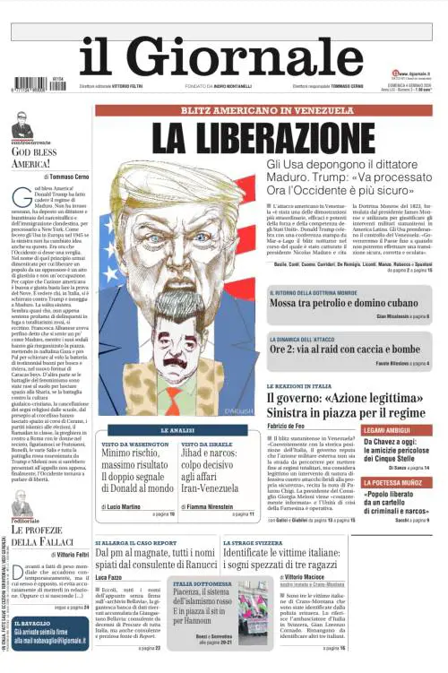La prima pagina del Giornale: il raid Usa in Venezuela, i nomi spiati dal consulente di Ranucci e la tragedia di Crans-Montana