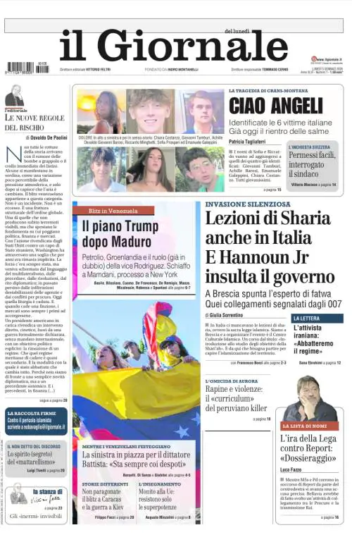 La prima pagina del Giornale: la tragedia di Crans-Montana, il piano Trump post Maduro, lezioni di Sharia a Brescia