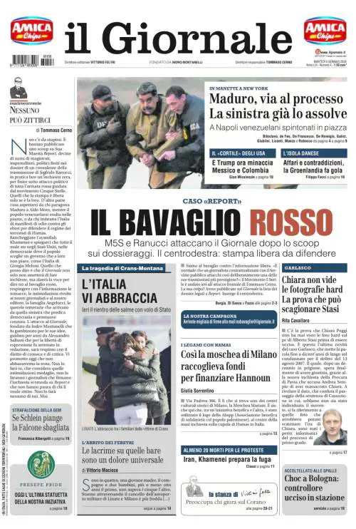 La prima pagina del Giornale: bavaglio rosso, l’arresto di Maduro e l’abbraccio alle vittime di Crans-Montana