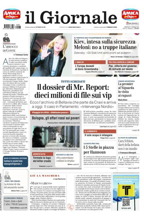 La prima pagina del Giornale: l’archivio del consulente di Report, il vertice dei volenterosi e la cattura del killer di Bologna