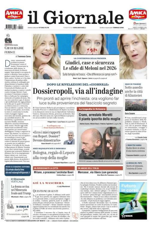 La prima pagina del Giornale: la conferenza di Meloni, Dossieropoli e gli sviluppi di Crans-Montana