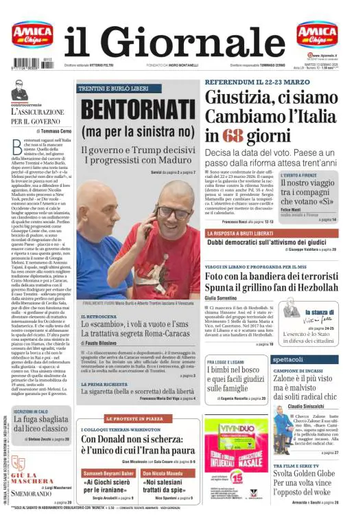 La prima pagina del Giornale: la liberazione di Trentini e Burlò, i retroscena e il referendum della Giustizia 