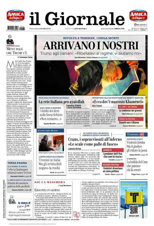 La prima pagina del Giornale: la questione iraniana, le carte di Crans-Montana e la bufala del Csm