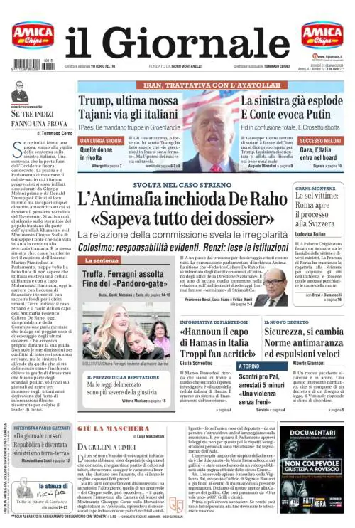 La prima pagina del Giornale: le rivolte in Iran, il caso Striano e le nuove norme per la Sicurezza