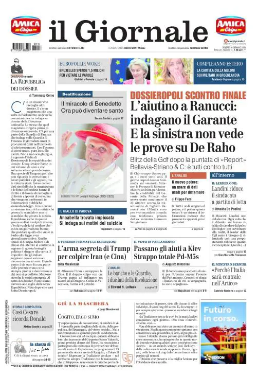 La prima pagina del Giornale: Dossieropoli, strappo Pd-M5s su Kiev e Meloni sulla Groenlandia