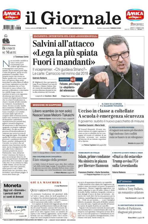 La prima pagina del Giornale: 18enne ucciso in classe, l’intervista a Salvini e le prime condanne per estremismo islamico
