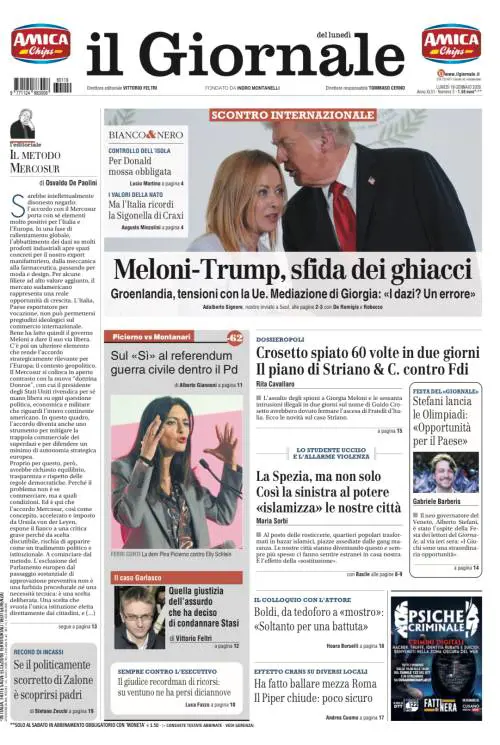 La prima pagina del Giornale: la sfida dei ghiacci, le “spiate” a Crosetto e l’omicidio di La Spezia