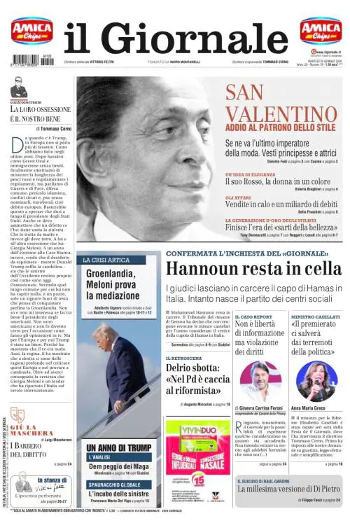La prima pagina del Giornale: la morte di Valentino, le mire di Trump sulla Groenlandia e il referendum