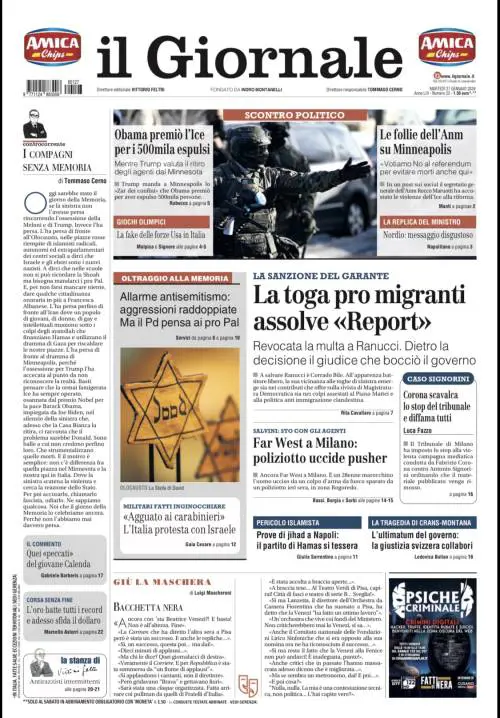 La prima pagina del Giornale: la toga promigranti assolve Report, sparatoria a Milano, allarme antisemitismo