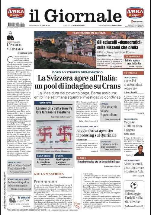 La prima pagina del Giornale: la linea del governo paga su Crans-Montana, legge salva-agenti, le svastiche della sinistra