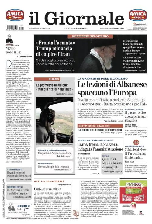 La prima pagina del Giornale: Albanese a Strasburgo spacca l’Europa, tensione Usa-Iran, le novità di Crans-Montana