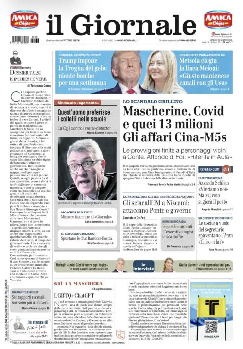 La prima pagina del Giornale: gli affari Cina-M5s, la tregua in Ucraina, Cgil contro i metal detector