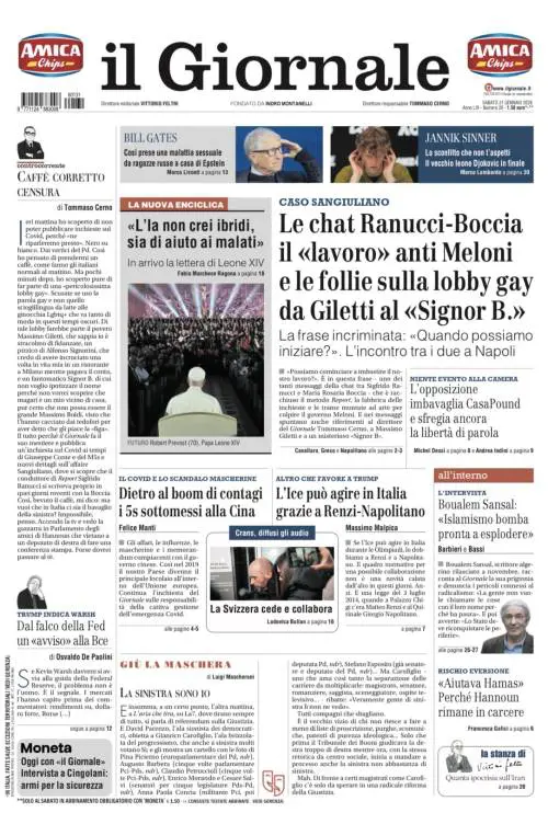 La prima pagina del Giornale: chat Ranucci-Boccia, perché l’ice può agire in Italia, chi è il falco della Fed