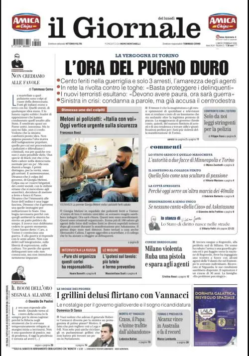 La prima pagina del Giornale: la violenza di Torino, la sparatoria di Milano e le avances grilline a Vannacci 