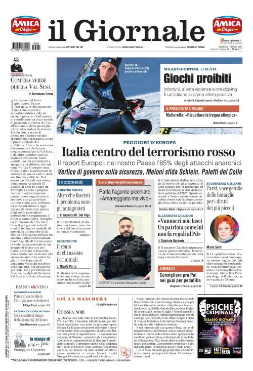 La prima pagina del Giornale: in Italia l’85% degli attacchi anarchici, le parole dell’agente picchiato a Torino, l’intervista a Durigon
