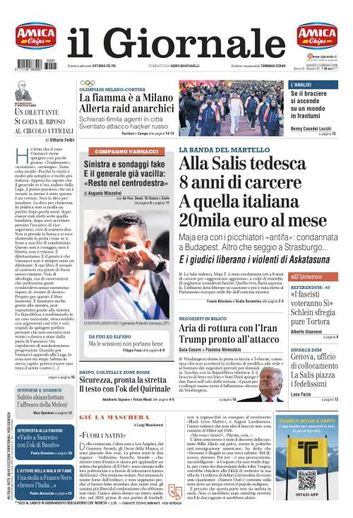 La prima pagina del Giornale: 8 anni di carcere alla Salis tedesca, il caso Vannacci e la crisi Usa-Iran