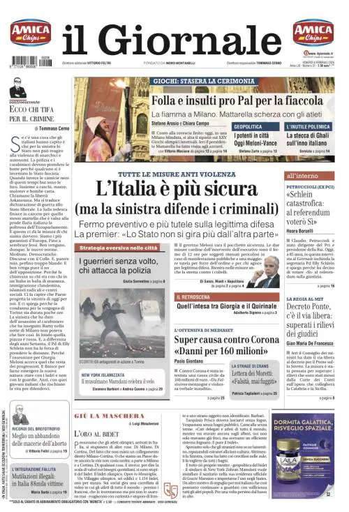 La prima pagina del Giornale: il nuovo pacchetto sicurezza, via libera al Decreto Ponte e la lettera dei Moretti