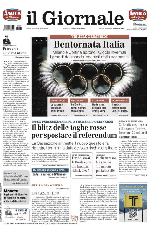La prima pagina del Giornale: al via i Giochi di Milano-Cortina, blitz delle toghe per spostare il referendum, disastro Stellantis
