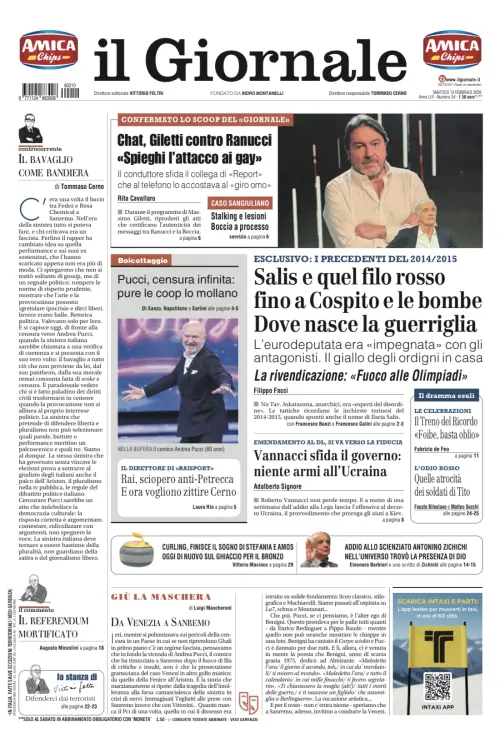 La prima pagina del Giornale: Giletti conferma le chat di Ranucci con Boccia, Salis e i legami con gli antagonisti, la censura a Pucci