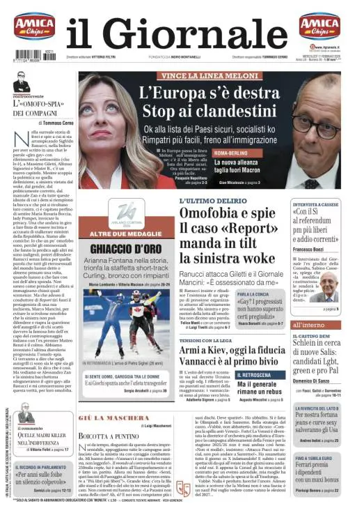  La prima pagina del Giornale. Stop ai clandestini in Ue: vince la linea Meloni, il caso Report manda in tilt la sinistra woke, l’intervista a Sabino Cassese