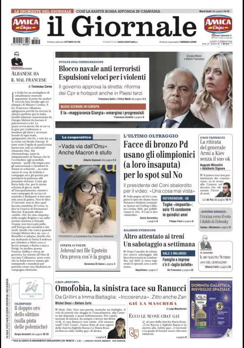 La prima pagina del Giornale: l'immigrazione, il Pd e lo spot olimpico per il "No", la Francia contro Albanese e il silenzio su Ranucci