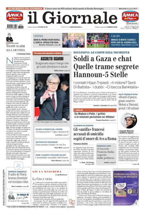 La prima pagina del Giornale: le chat segrete tra Hannoun e i 5s, Sgarbi assolto, gli antifa francesi ospiti di Avs 