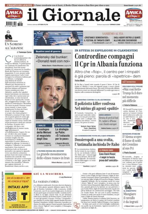 La prima pagina del Giornale: Il Cpr in Albania funziona, il sondaggio che manda in tilt i 5S i e il Festival Dc di Carlo Conti