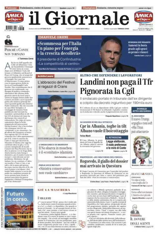La prima pagina del Giornale: Pignorata la Cgil, il giudice Albano chiede il boicottaggio dei cpr e il “nuovo” Trump