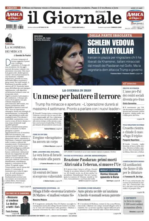 La prima pagina del Giornale: Schlein vedova dell’ayatollah, i pro Pal diventano pro Iran, dilaga il “teorema Gratteri”