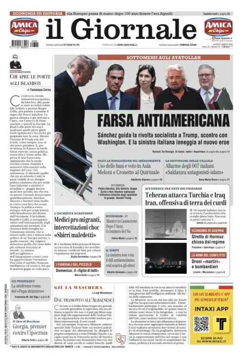 La prima pagina del Giornale: Farsa antiamericana della sinistra, intercettazioni choc dei medici pro-migranti, i funerali del piccolo Domenico