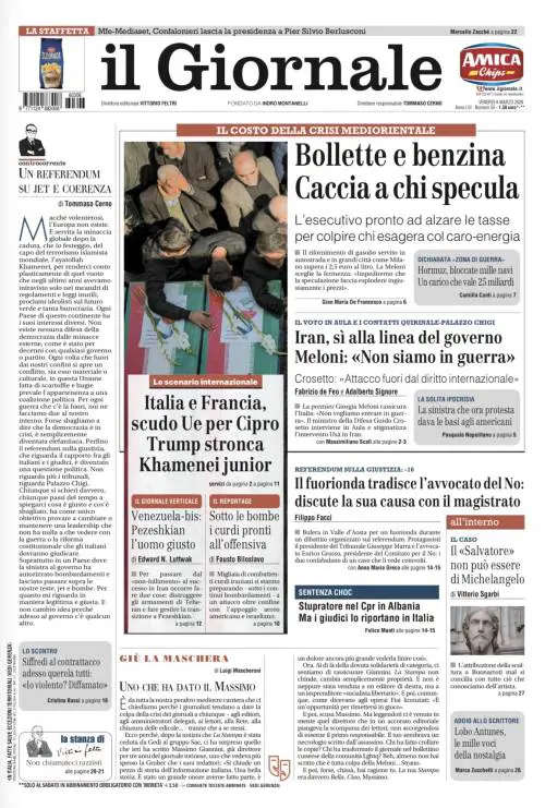 La prima pagina del Giornale: Caccia a chi specula su bollette e benzina, da Italia e Francia lo scudo Ue per Cipro, curdi pronti all’offensiva