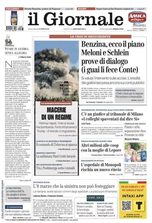 La prima pagina del Giornale: Prove di dialogo tra Meloni e Schlein per la benzina, ferito il figlio di Khamenei, ipocrisia rossa sull’8 marzo
