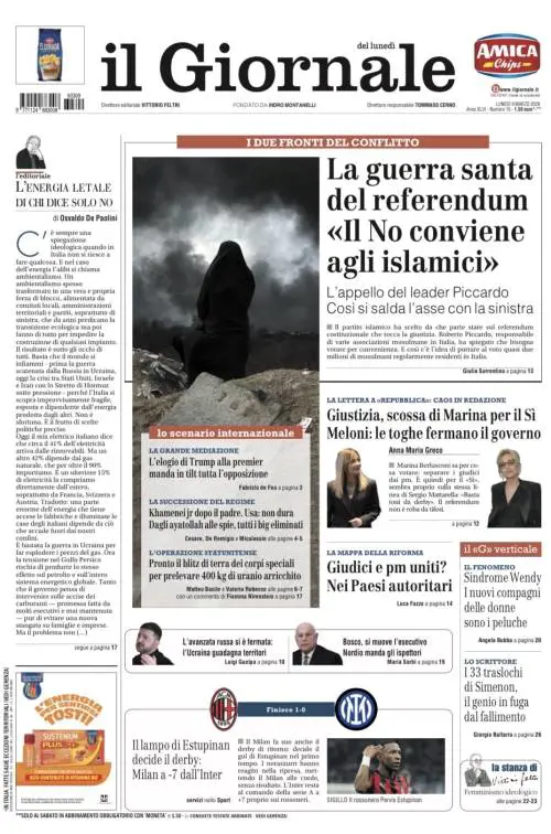 La chiamata al “no” dei musulmani, la lettera di Marina Berlusconi a Repubblica, annunciata la successione nel regime degli ayatollah 