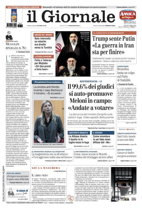 La prima pagina del Giornale: Trump sente Putin, ancora un missile verso la Turchia, Meloni in campo per il referendum