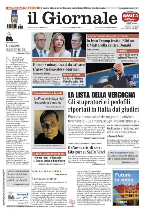 La prima pagina del Giornale: Trump tratta in Iran, la lista della vergogna, le indagini della finanza a Cinecittà 