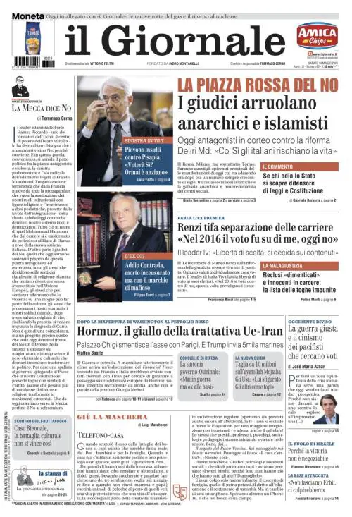 La prima pagina del Giornale. Anarchici e islamisti per il No, Renzi vuole la separazione ed è giallo sulla trattativa Ue-Iran per Hormuz 