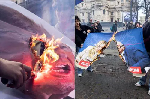 Carc, pro Pal e sinistra estrema bruciano in piazza foto di Meloni e Nordio. Il ministro: "Non mi intimoriscono