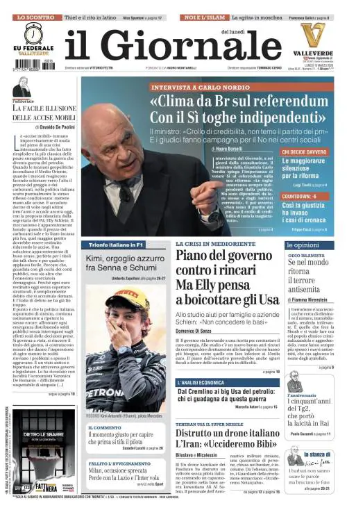 La prima pagina del Giornale: Intervista a Nordio a 6 giorni dal referendum, piano del governo contro i rincari, Antonelli orgoglio azzurro