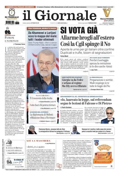 La prima pagina del Giornale: Allarme brogli al referendum, Bocelli vota sì, Becciu e il processo tutto da rifare