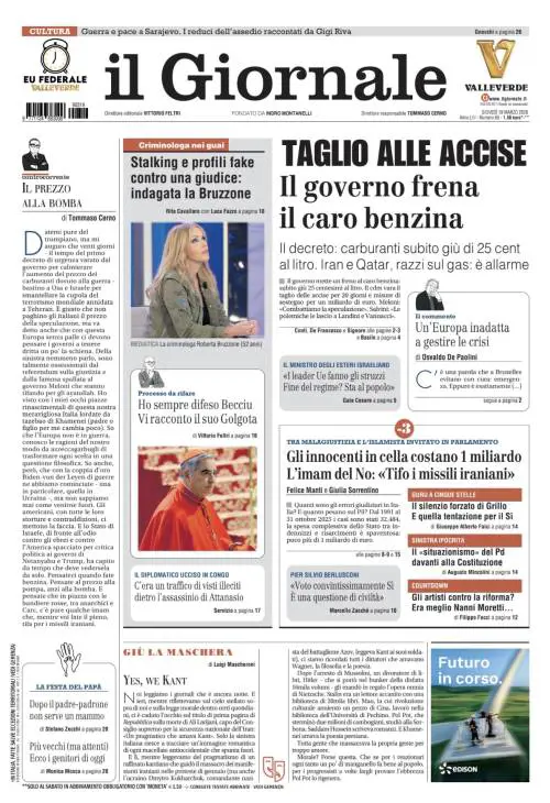  La prima pagina del Giornale: Il governo taglia le accise, meno tre giorni al referendum, indagata Roberta Bruzzone