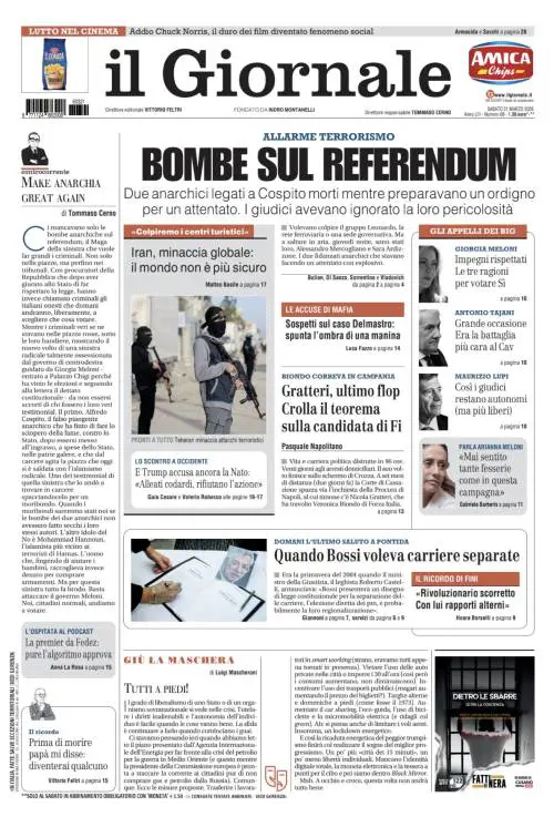 La prima pagina del Giornale: bombe sul referendum, gli appelli per il “sì”, Bossi e il ricordo di Fini