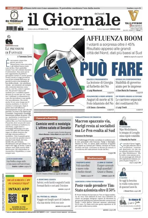 La prima pagina del Giornale: SÌ può fare, l’ultimo saluto al Senatur, Macron spazzato via