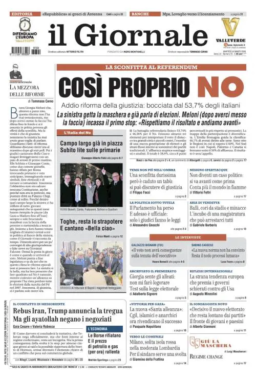 La prima pagina del Giornale: Così proprio NO, le toghe cantano “Bella Ciao”, Rebus Iran