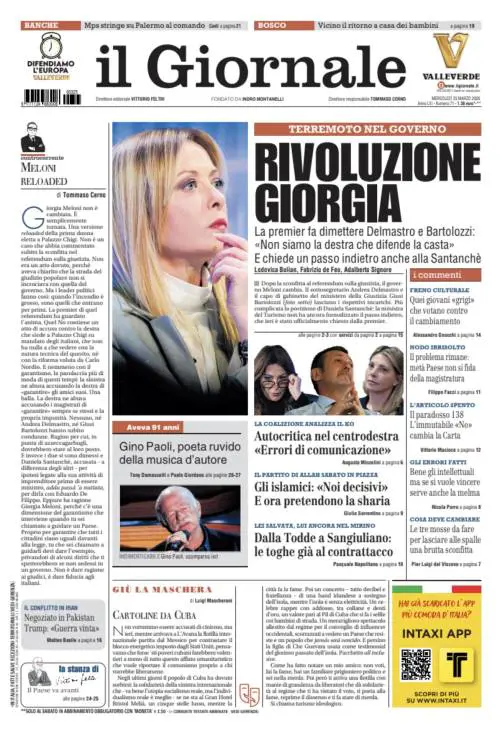 La prima pagina del Giornale: Rivoluzione Giorgia, ora gli islamici vogliono la sharia, la morte di Gino Paoli 