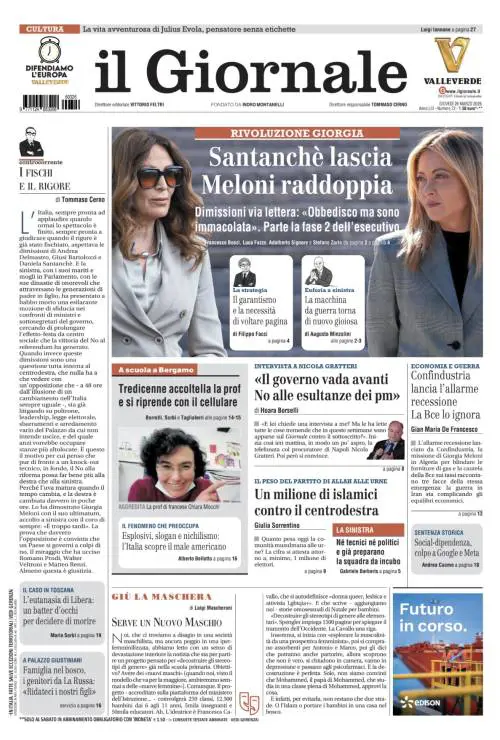 La prima pagina del Giornale: Santanchè lascia, Gratteri striglia le toghe, 13enne accoltella la prof e si riprende 