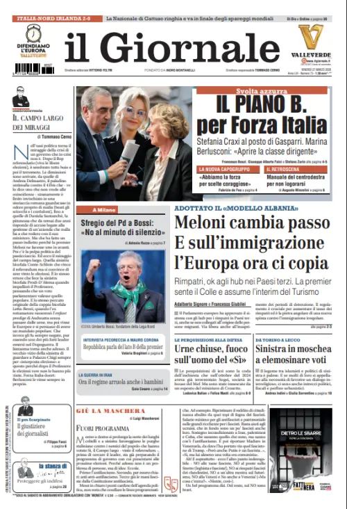  La prima pagina del Giornale: Piano B per Forza Italia, Meloni cambia passo, sfregio del Pd a Bossi