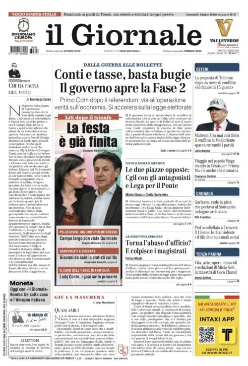 La prima pagina del Giornale: Il governo apre la Fase 2, la festa è finita nel campo largo, la proposta di Teheran per chiudere il conflitto