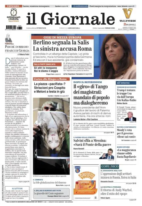 La prima pagina del Giornale: Striscioni pro Cospito nella piazza pacifista, Berlino segnala la Salis, eletto il nuovo presidente dell’Anm